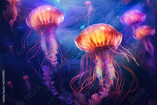abstract background resembling a surreal underwater realm, with floating jellyfish and bioluminescent organisms, immersing the viewer in an enchanting aquatic experience © aicandy
