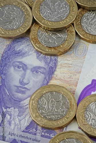 Used £1 (One Pound Sterling) UK Coins in Close Up.