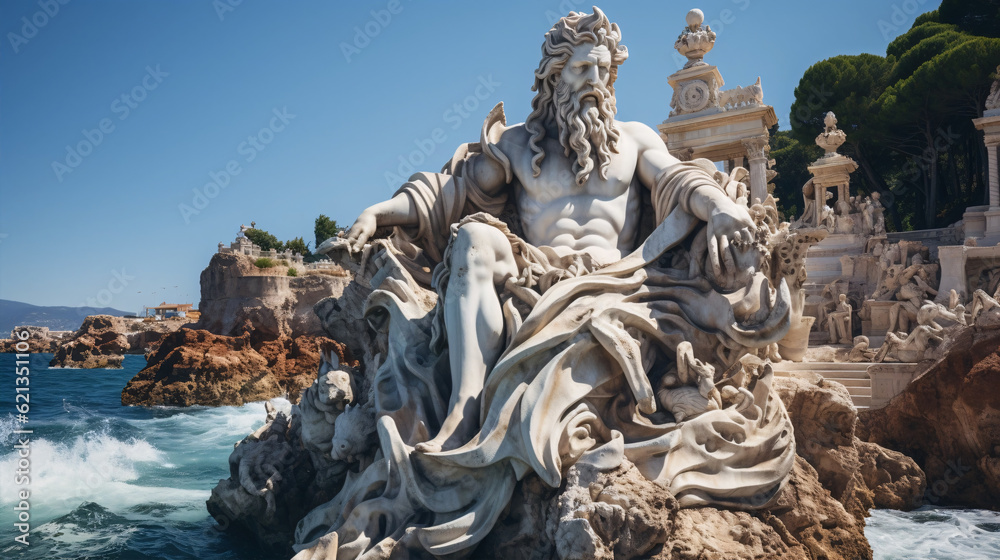 The mighty god of the sea, oceans and sailors Neptune (Poseidon) The ancient statue. Greek Mediterranean Landscape.