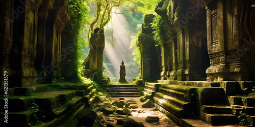 Exploring an Ancient Temple  bathed in golden light  amidst lush greenery 