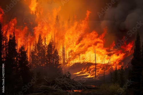 Extreme heat, global warming, Forest fire with trees on fire
