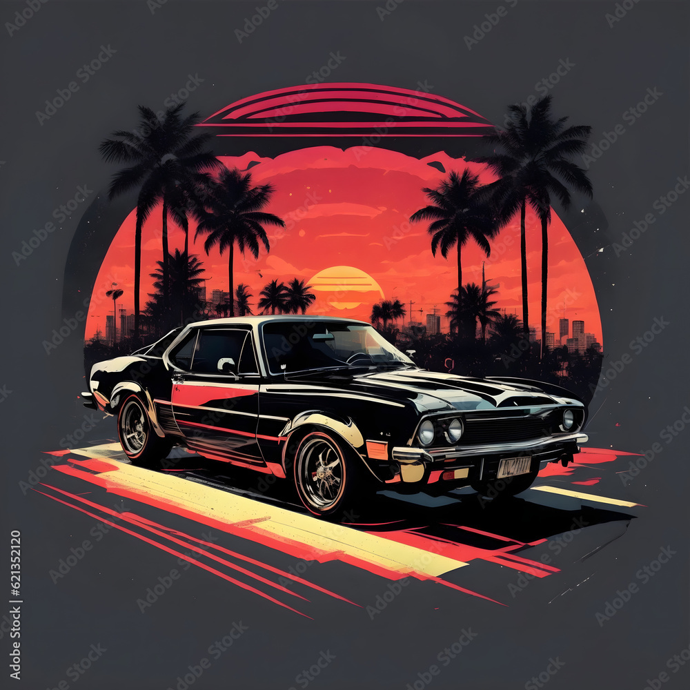 artwork of t-shirt graphic design, flat design of one retro car , Miami street