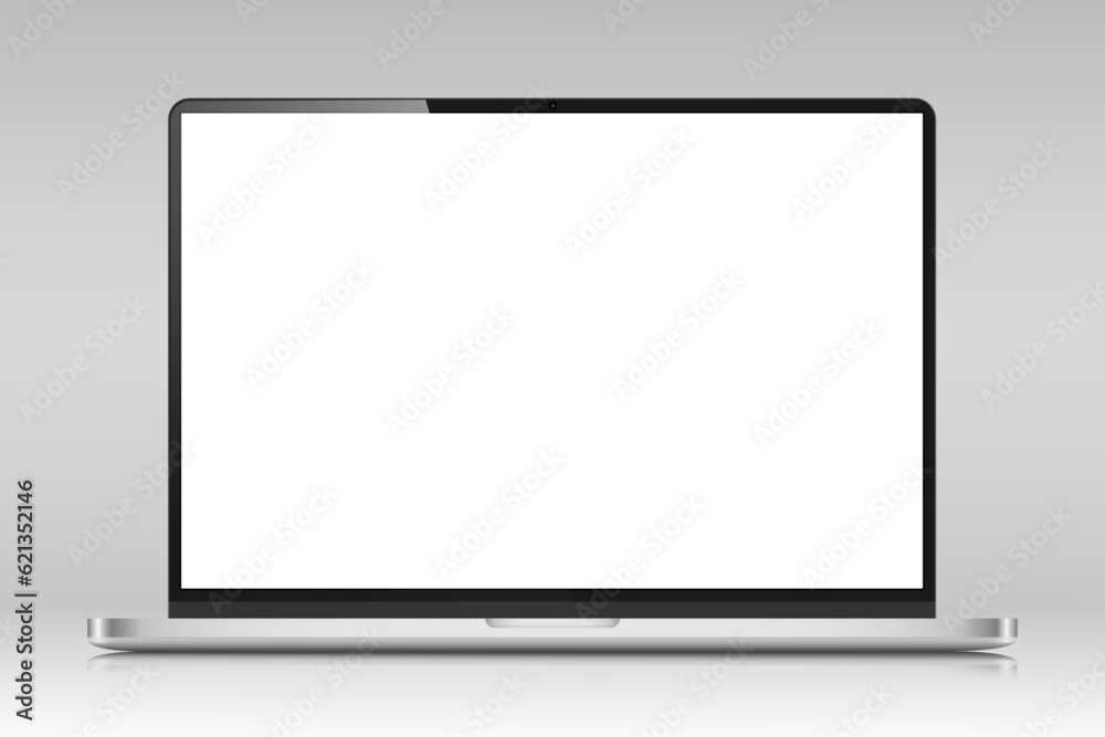 Realistic laptop layout with reflection. A modern laptop with a blank screen on a gray gradient background. Vector illustration. Realistic laptop layout with reflection. A modern laptop with a blank screen on a gray gradient background. Vector illustration.