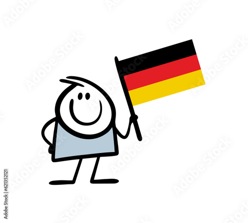 Cute cartoon stickman holding flag of Germany in rising up hand. Vector illustration of hand drawn boy waving national sign of the country.