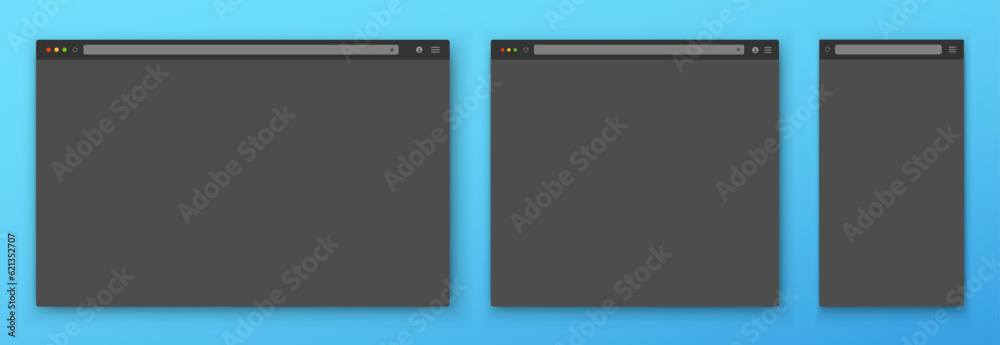 A set of gray browser windows of different shapes on a blue background. Website layout with search bar, toolbar and buttons. Vector EPS 10.