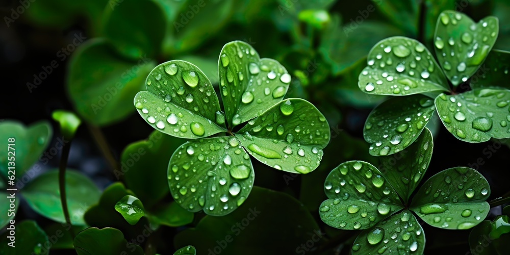 Good luck four-leaf clover with waterdrops standing out from a field of clovers. Unique, rare, or special individual concept. Good luck four-leaf clover with waterdrops standing out from a field of clovers. Unique, rare, or special individual concept.