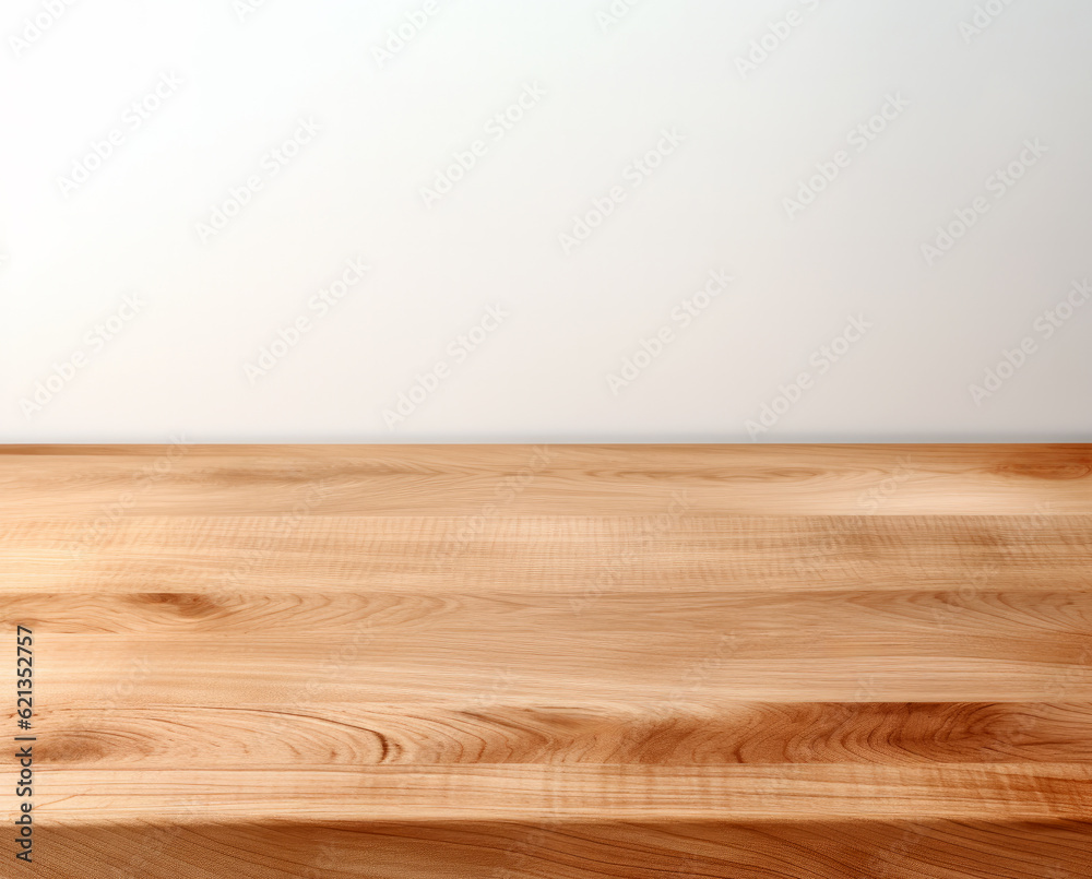 Empty wooden table top on white wall background. For product display. High quality photo Empty wooden table top on white wall background. For product display. High quality photo