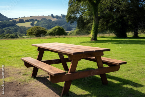 Picnic table and benches on a meadow in the countryside hill. High quality photo