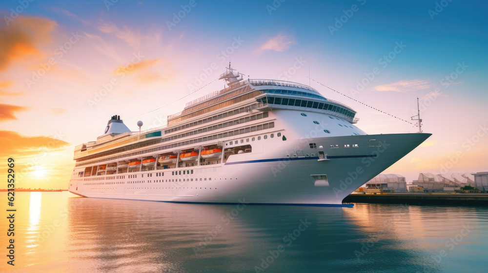 A large, white cruise ship stands near the pier at sunset, side view. Summer vacation, travel, adventure, hot tour. - obrazy, fototapety, plakaty 
