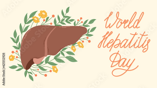 World Hepatitis Day. Healthy flowering liver in a frame of branches with leaves and flowers. Vector holiday banner or postcard.