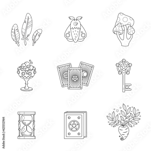 Magic icon set. Cartoon illustration of occult objects such as mushrooms, hourglass, spell book, tarot cards, goblet with potion, gold key and feathers isolated on a white background. Vector 10 EPS.