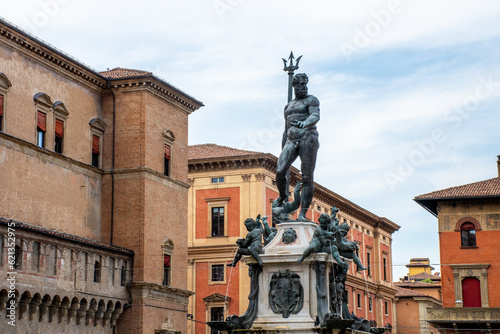 Bologna, Italy - Neptune Fountain located on Neptune Square in historic part of Bologna city.