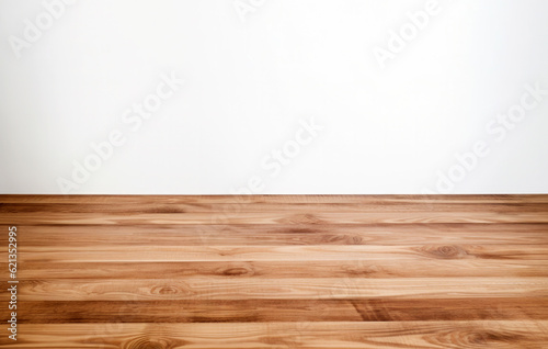 Wooden floor and white wall background. Empty room with wooden floor. High quality photo