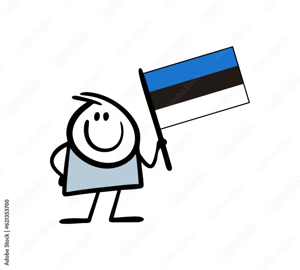 Cartoon stickman holding flag of Estonia in rising up hand. Vector illustration of character waving national sign of the country.