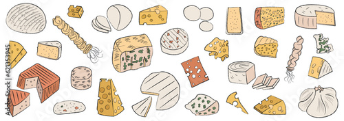 Large collection of different types of cheese. Set of food illustrations with outline. Simple hand drawn vector cliparts. Isolated design elements. Dairy products. Hard and soft cheeses.