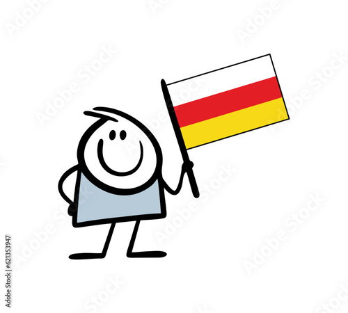 Stickman holding flag of Republic of South Ossetia in rising up hand. Vector illustration of cartoon character waving national sign of the country.