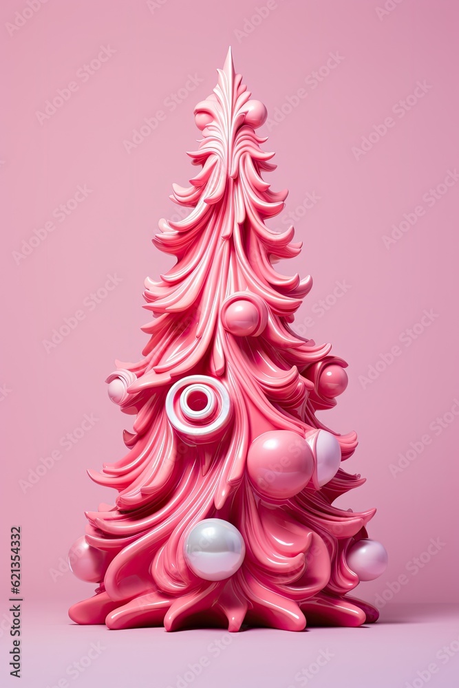 Creative Art style Christmas tree on a pink wall background Creative Art style Christmas tree on a pink wall background