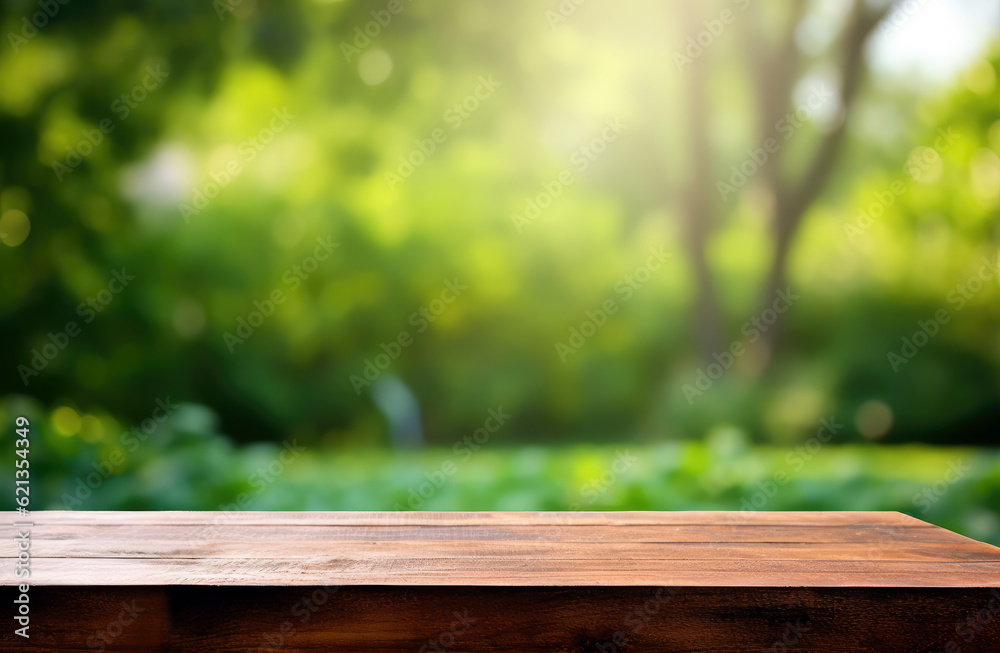 Empty wooden table over blurred green nature park background, product display montage High quality photo Empty wooden table over blurred green nature park background, product display montage High quality photo