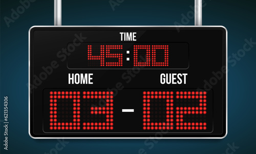 Football digital scoreboard with time and result display. Sport template for your design. Vector illustration.