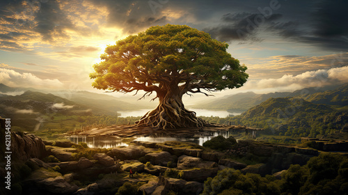World tree seen from a distance, fantasy scenery, epic landscape