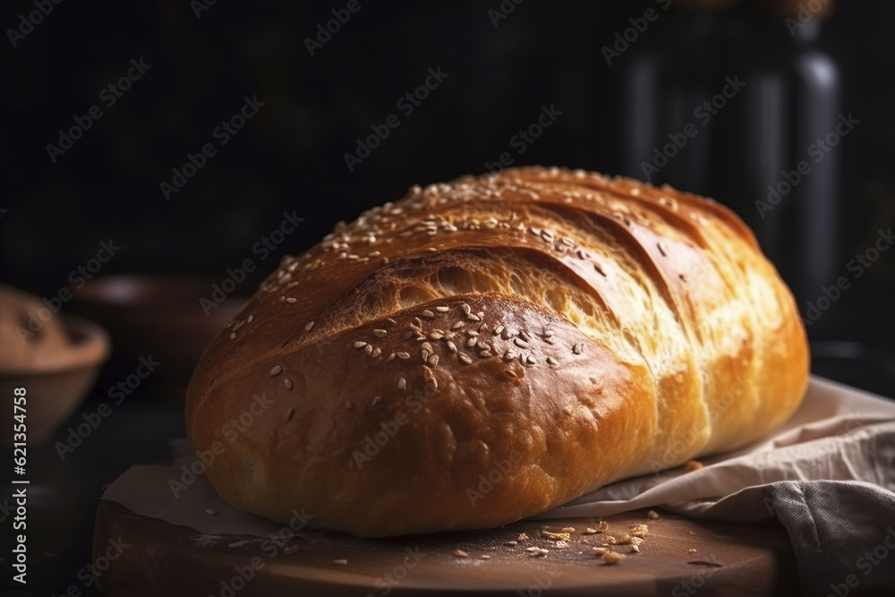 Delicious bread on dark background. Generative AI.