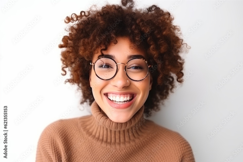 Close up portrait of a happy young african american woman in eyeglasses looking at camera over white background