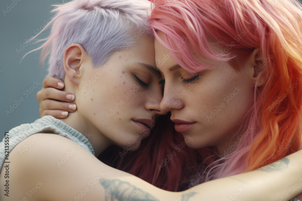 LGBT lesbian couple, love moments. The concept of diversity, tolerance and gender identity. Generative AI LGBT lesbian couple, love moments. The concept of diversity, tolerance and gender identity. Generative AI