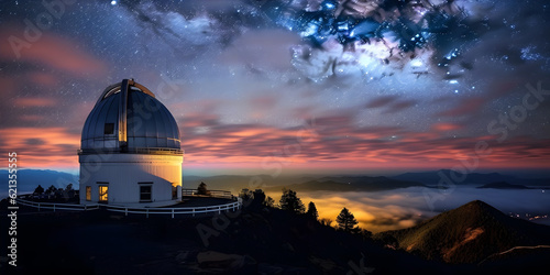 Obraz na płótnie A bustling observatory atop a mountain peak, with astronomers peering through po