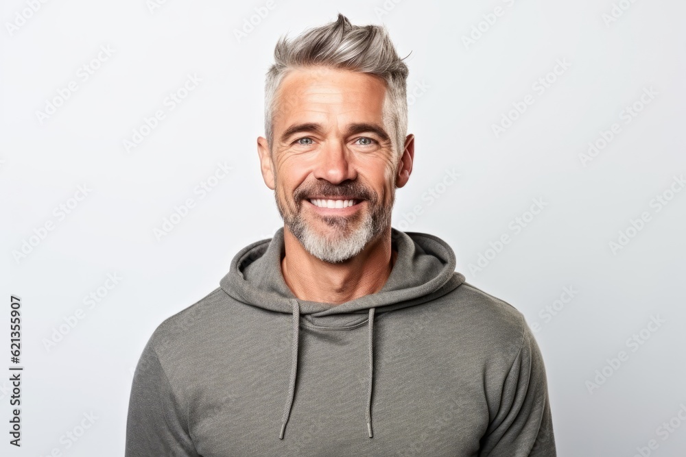 Portrait of a smiling middle-aged man in a hoodie on a white background Portrait of a smiling middle-aged man in a hoodie on a white background