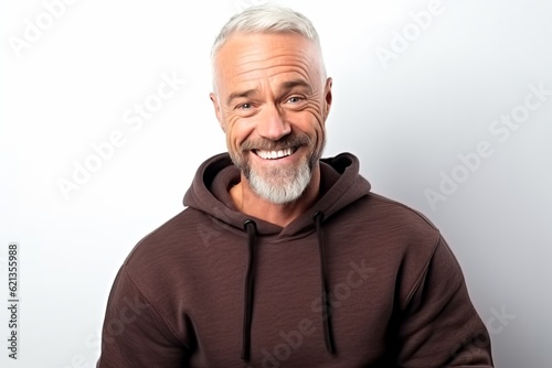 Portrait of a smiling senior man in hoodie on white background © Nerea