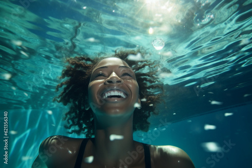 Young happy african woman swimming underwater. Diving in public swimming pool Holiday  relaxtion active watersport beauty having fun. High quality photo