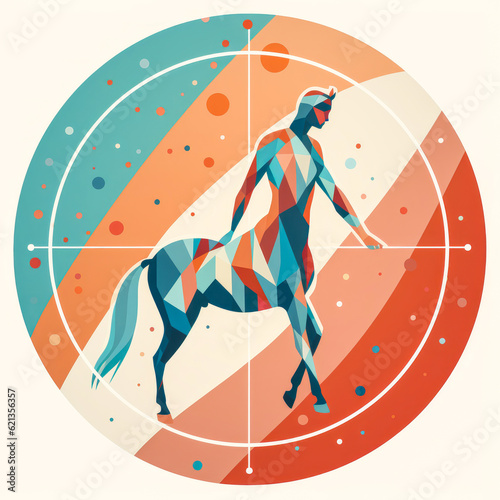 Enthralling Sagittarius astrological sign, depicted as a centaur man horse in vibrant pastel tones within an elegant minimalist circle on a white backdrop. Generative AI photo