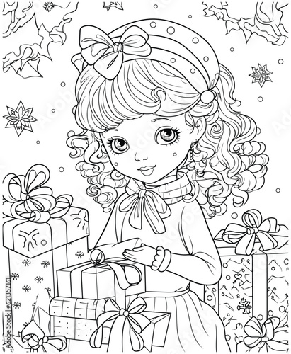 Christmas Girl And Gifts Coloring Page
