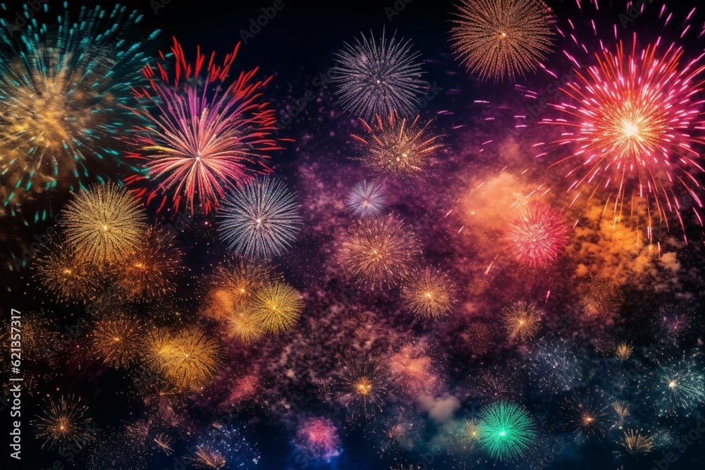 Colorful fireworks over the night sky, celebrating New Year
