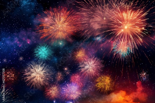 Colorful fireworks over the night sky, celebrating New Year © Gabriel