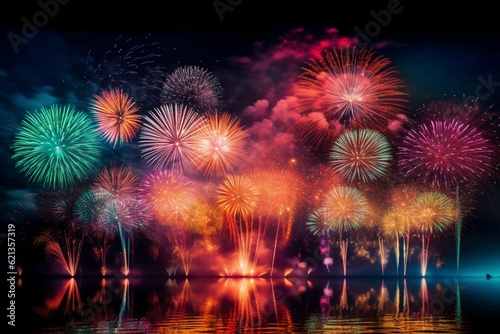 Colorful fireworks over the night sky, celebrating New Year