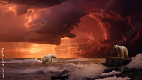 A group of polar bears stranded on a melting iceberg, under a blood-red sky with thundering storm clouds, reflecting in the rising sea.