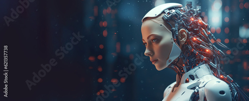 portrait of woman with artificial intelligence, panoramic layout. Generative Ai