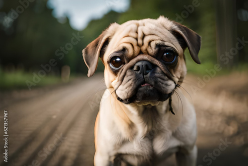 A pug dog on a dirt road with a green background © Luci
