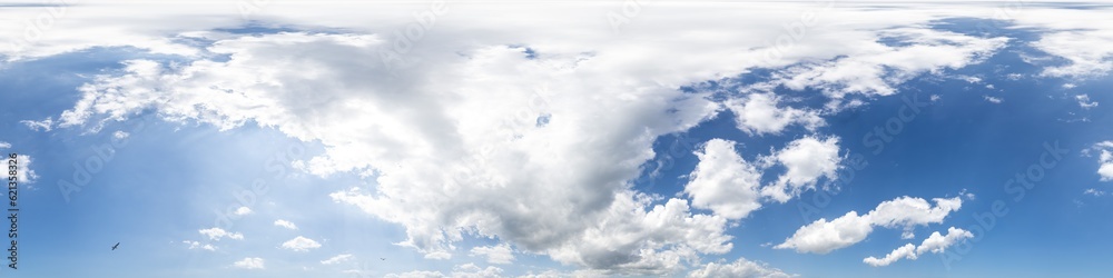 Blue summer sky panorama with Cumulus clouds. Seamless hdr spherical 360 panorama. Zenith or sky dome in 3D visualization, sky replacement for aerial drone 360 panoramas. Weather and climate change Blue summer sky panorama with Cumulus clouds. Seamless hdr spherical 360 panorama. Zenith or sky dome in 3D visualization, sky replacement for aerial drone 360 panoramas. Weather and climate change