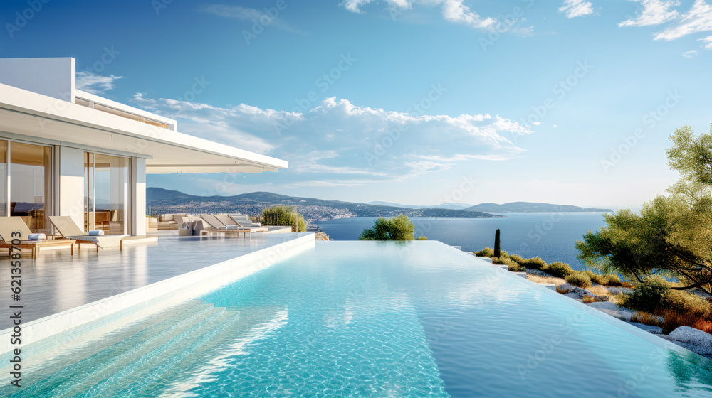 Fototapeta premium House Villa with Pool in Mediterranean Style in the South of Europe Wallpaper Background Brainstorming Generative AI Digital Art Illustration