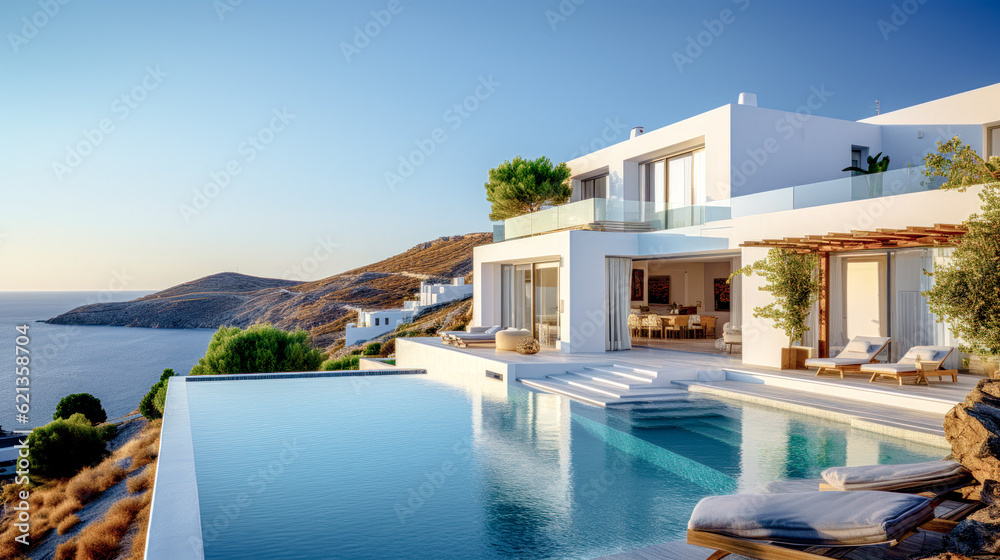 House Villa with Pool in Mediterranean Style in the South of Europe Wallpaper Background Brainstorming Generative AI Digital Art Illustration