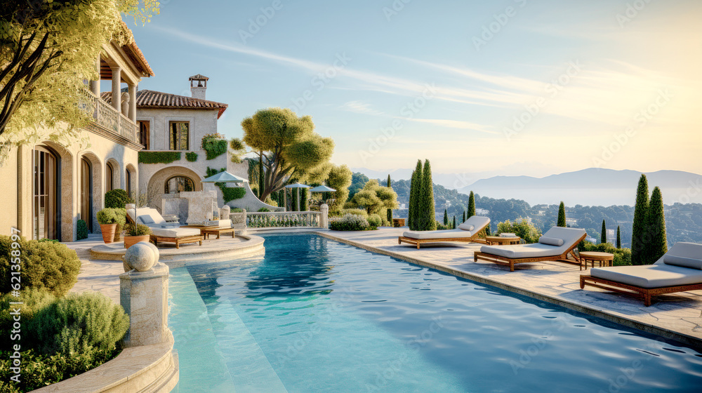 Fototapeta premium House Villa with Pool in Mediterranean Style in the South of Europe Wallpaper Background Brainstorming Generative AI Digital Art Illustration