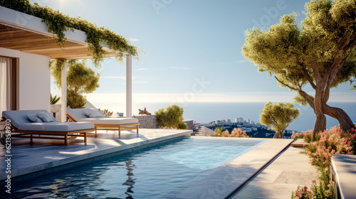 House Villa with Pool in Mediterranean Style in the South of Europe Wallpaper Background Brainstorming Generative AI Digital Art Illustration