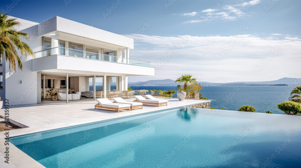 House Villa with Pool in Mediterranean Style in the South of Europe Wallpaper Background Brainstorming Generative AI Digital Art Illustration