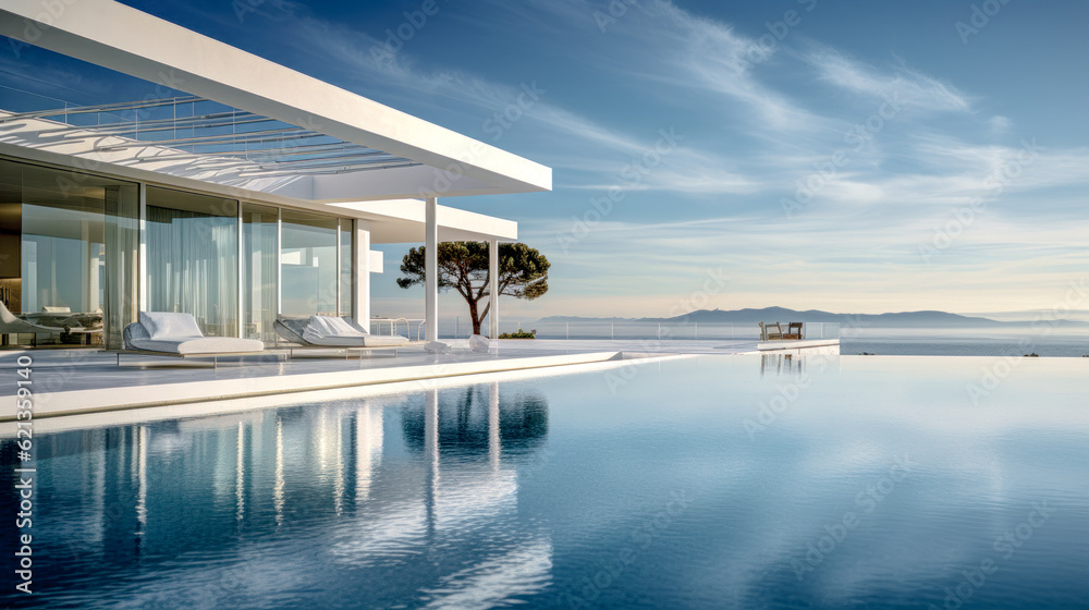 Fototapeta premium House Villa with Pool in Mediterranean Style in the South of Europe Wallpaper Background Brainstorming Generative AI Digital Art Illustration