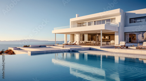 House Villa with Pool in Mediterranean Style in the South of Europe Wallpaper Background Brainstorming Generative AI Digital Art Illustration © Korea Saii