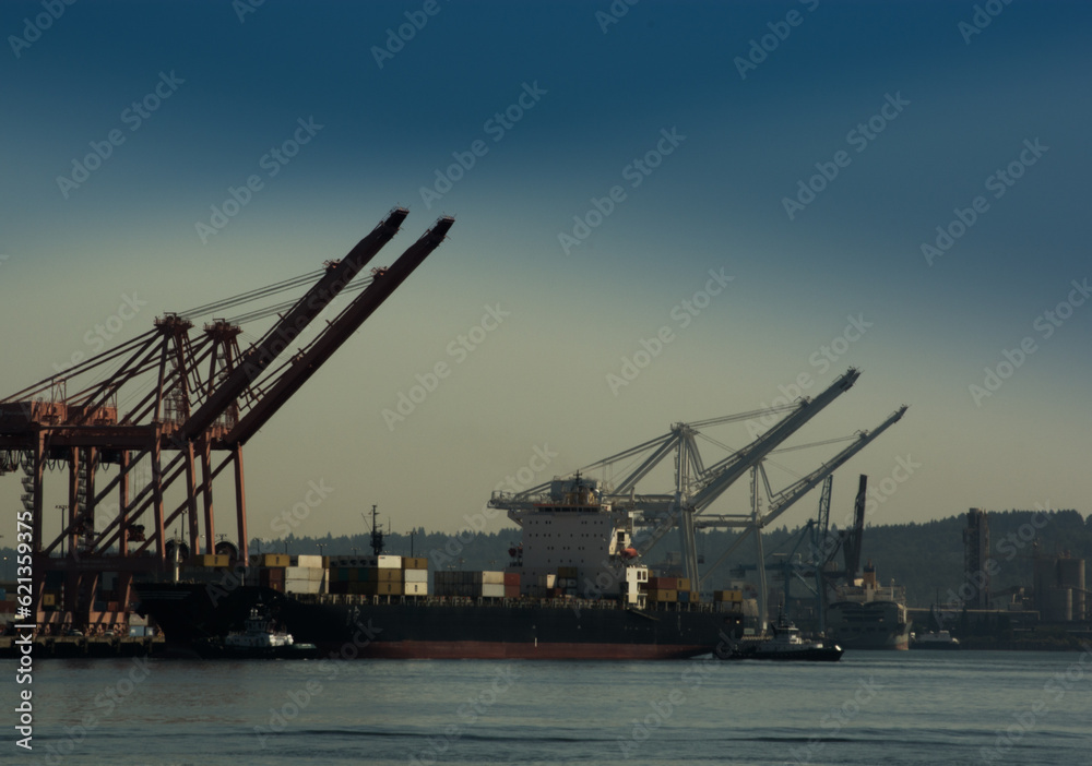 Cargo ship loaded at Port of Seattle, Washington, United States
