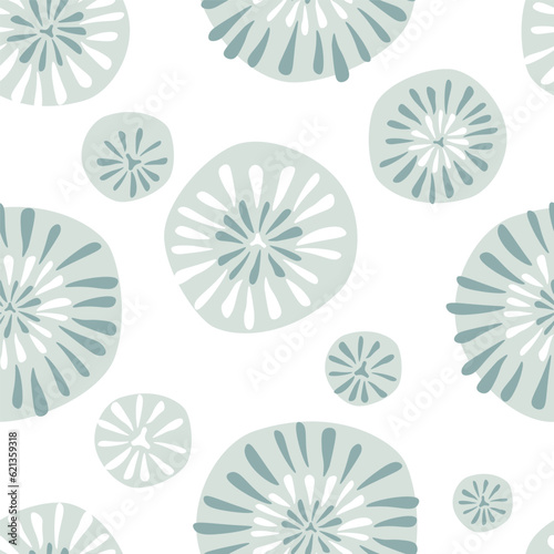 Seamless pattern with abstract rounded shapes, simple colors, winter snowballs. Vector graphics.