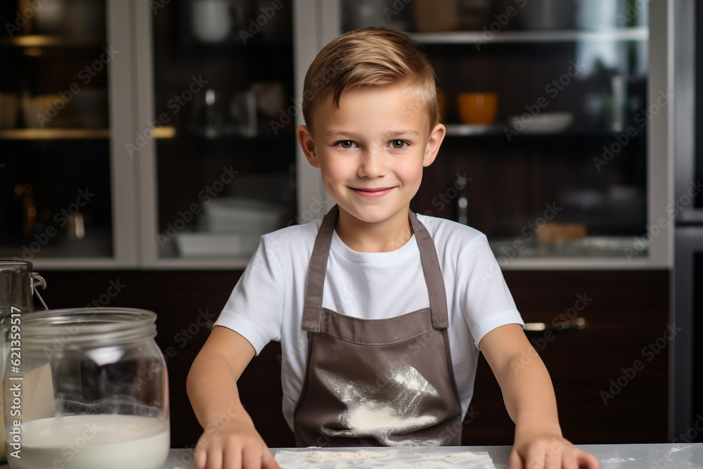 Young boy wearing apron enjoys baking Christmas cookies in kitchen. Happy winter holiday moment making sweets. Cute child portrait. Young boy wearing apron enjoys baking Christmas cookies in kitchen. Happy winter holiday moment making sweets. Cute child portrait.